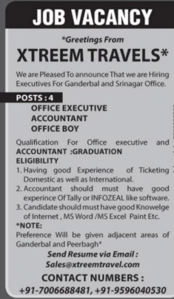 Job Recruitment in Xtreem Travels For Srinagar & Ganderbal: Apply Now