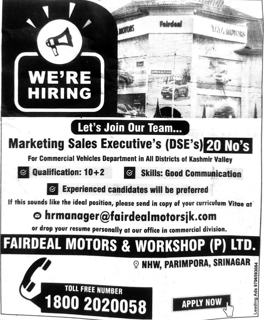 Fairdeal motors srinagar Jobs